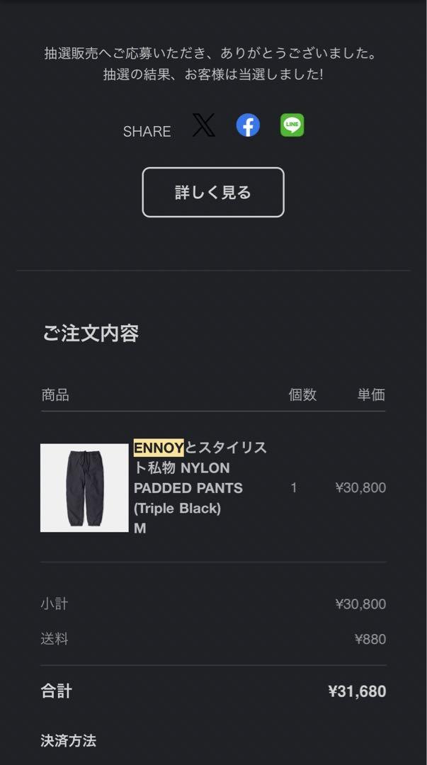 【新品未使用】ennoy NYLON PADDED PANTS (Black)