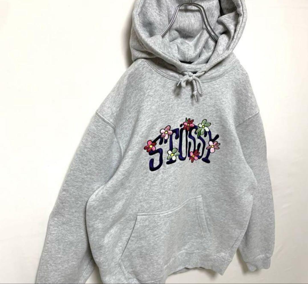 Stussy 刺繍ロゴ グレー パーカー