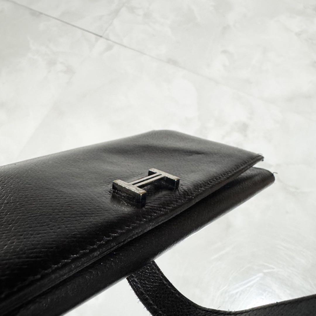 本物 エルメス HERMES ベアン □J刻印 三つ折り 長財布 黒 水色