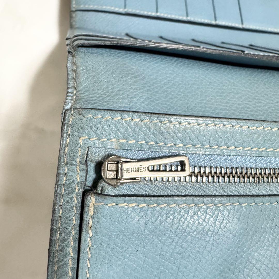 本物 エルメス HERMES ベアン □J刻印 三つ折り 長財布 黒 水色