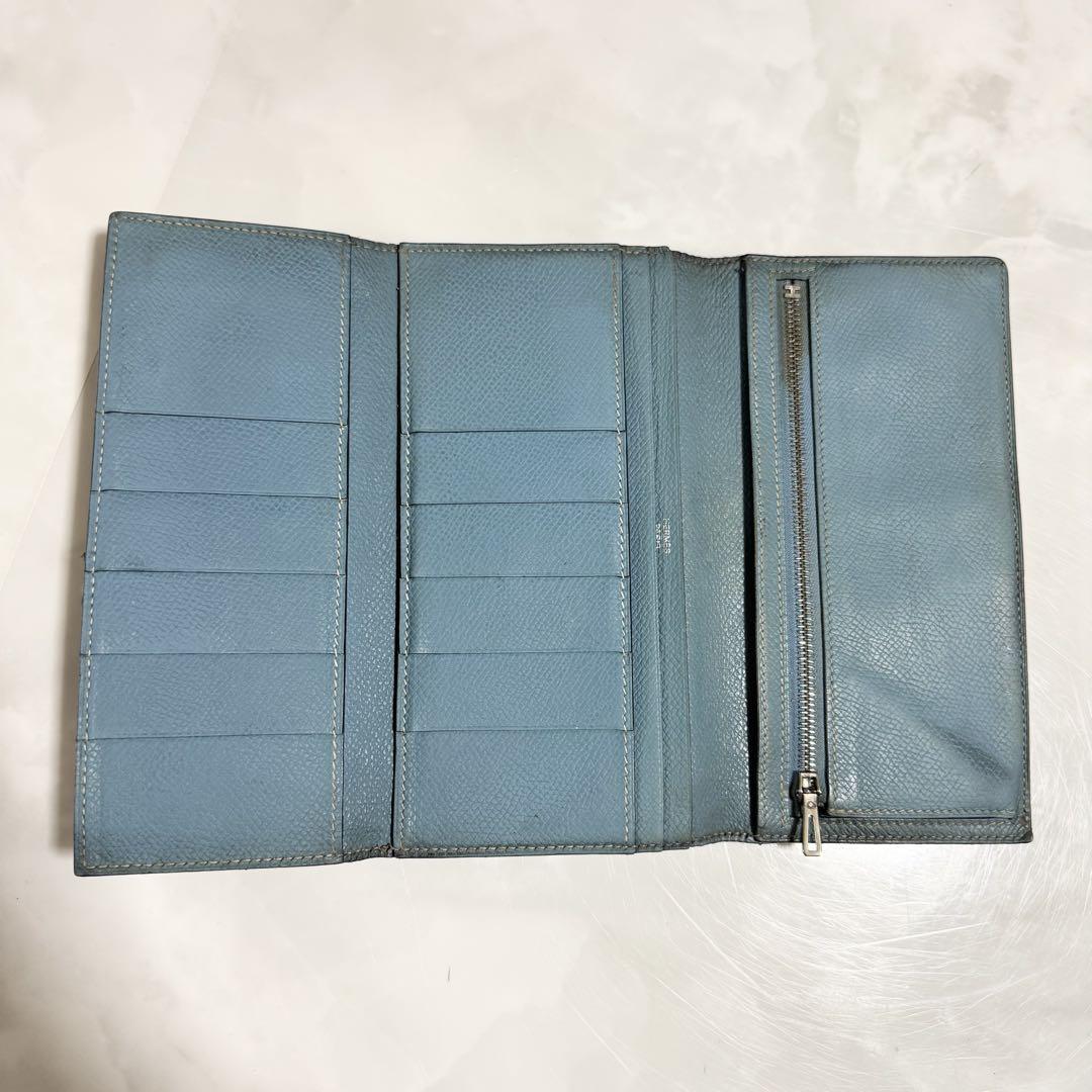 本物 エルメス HERMES ベアン □J刻印 三つ折り 長財布 黒 水色