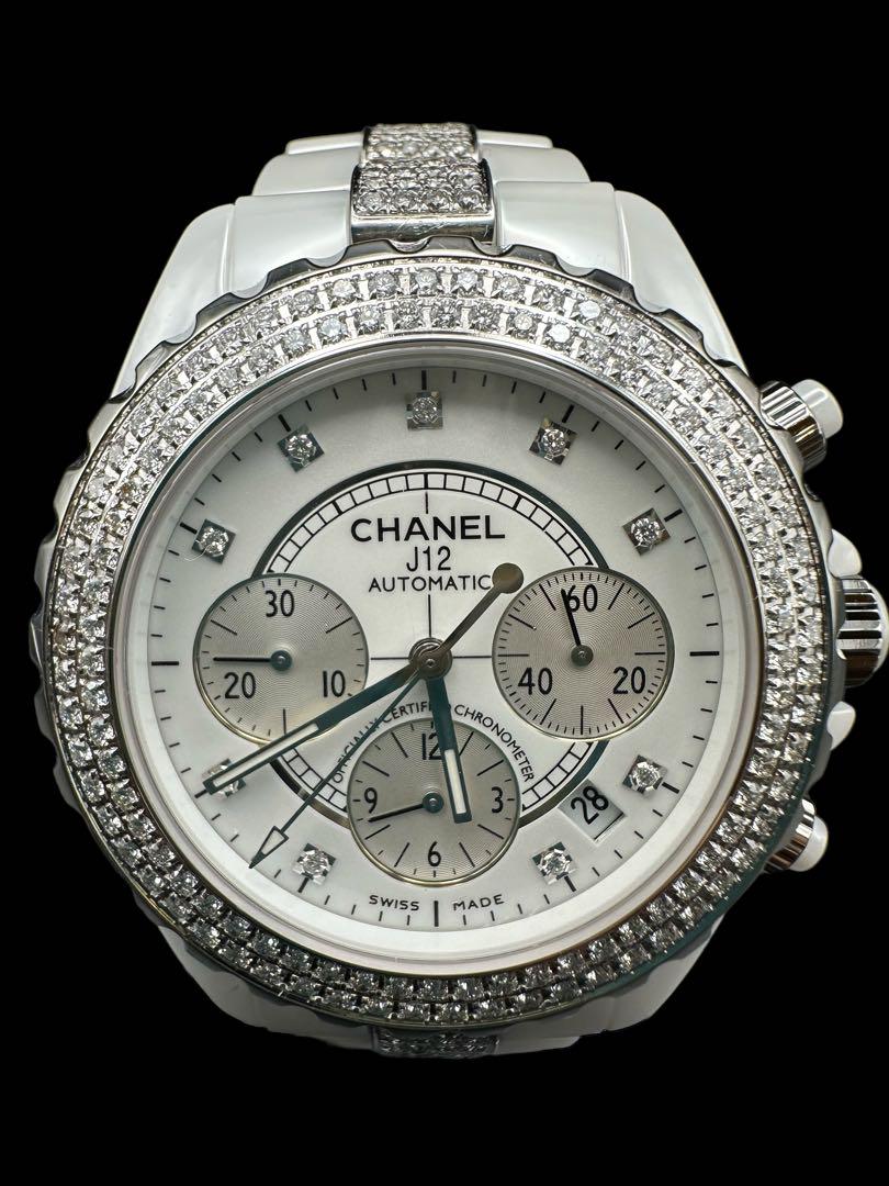 中古CHANELシャネル時計クロノJ12純正44ベルトアフターダイヤ白メンズ