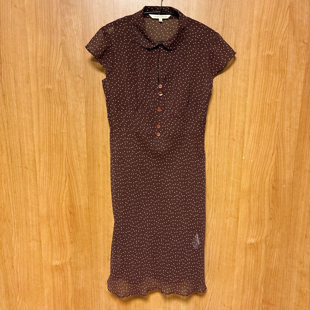 【LAURA ASHLEY】ローラアシュレイ ワンピース　透け感　水玉　茶　S