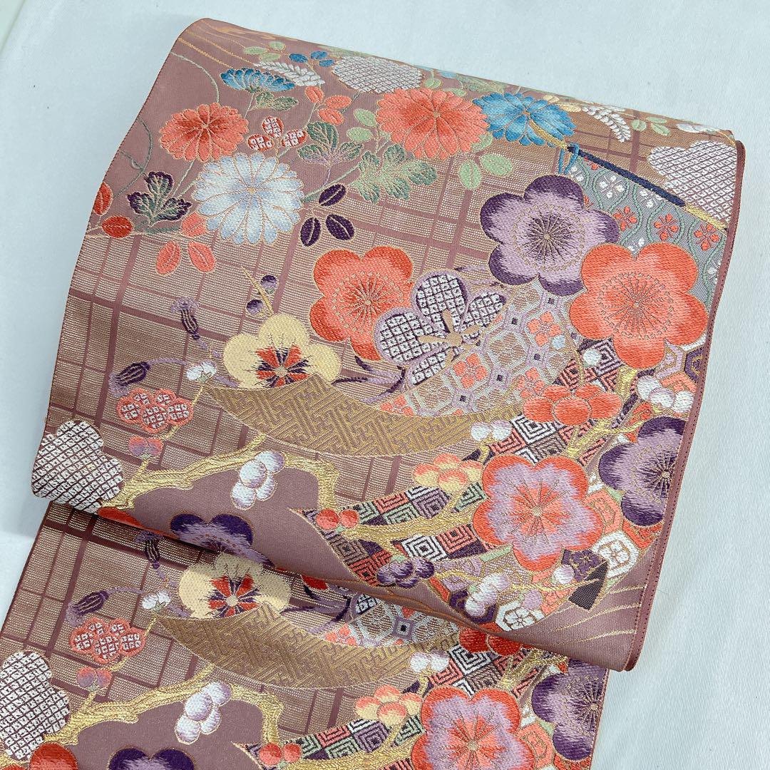 袋帯　正絹　金糸　梅花　菊花　萩　鹿の子　花菱　格子　亀甲　着物　061t