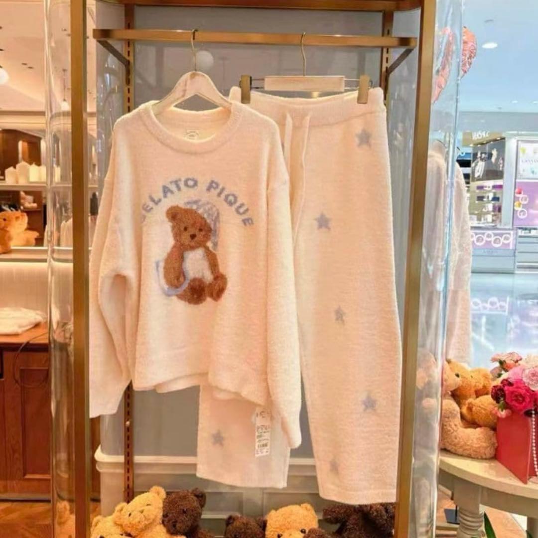 テディベア刺繍 ホワイトルームウェアセットM gelato pique