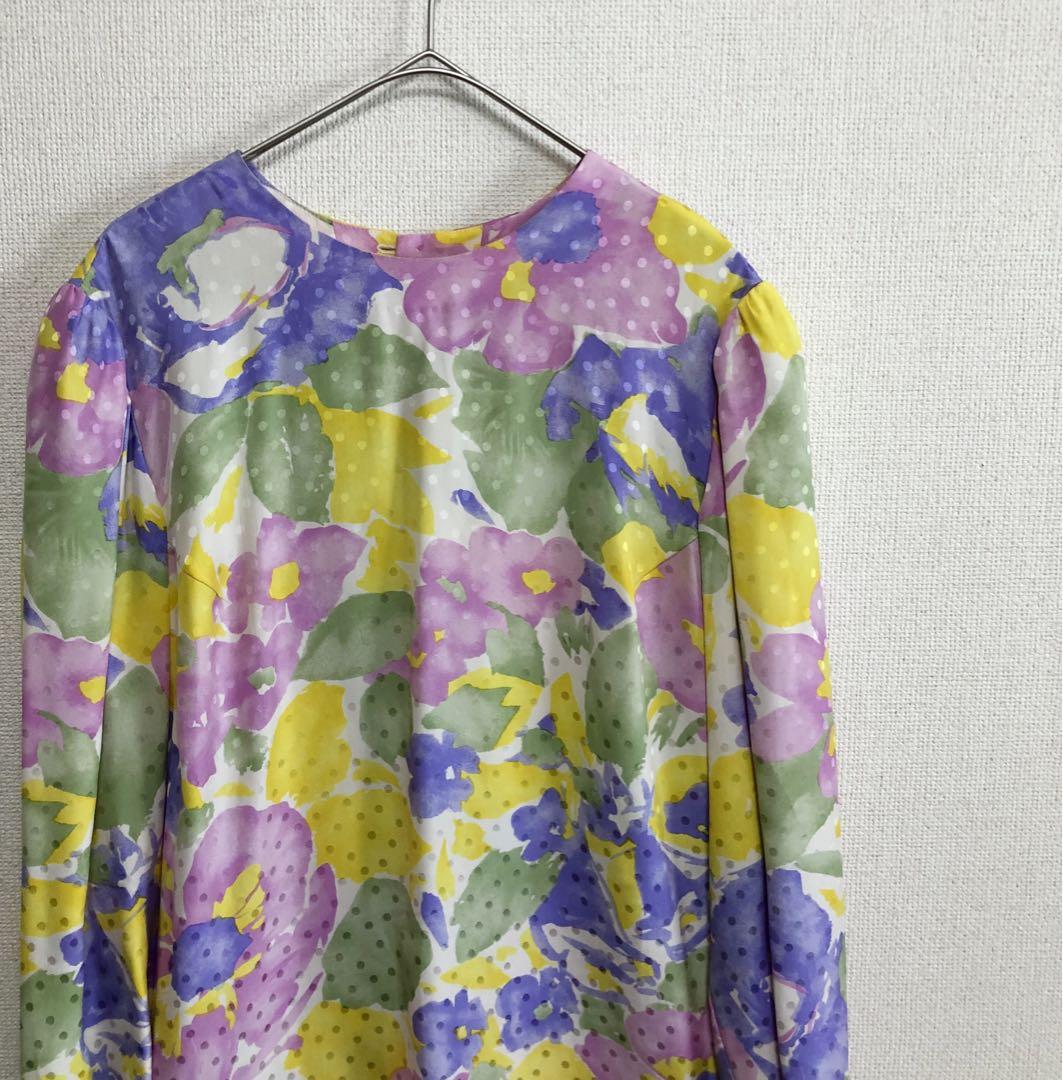 【美品】HANAE MORI ハナエモリ 花柄 ドット シルク シャツ