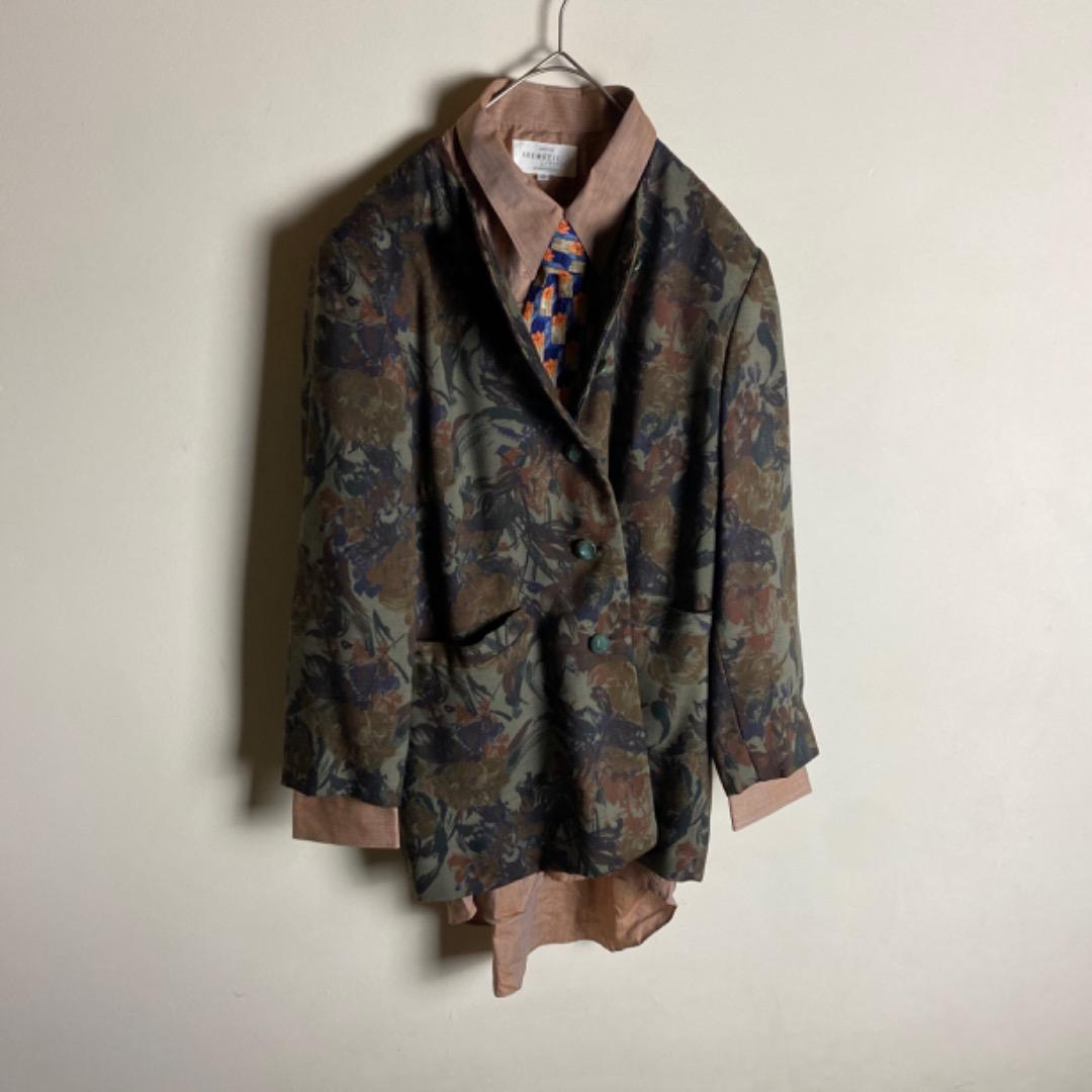 【セットアップ】ノーカラージャケット　ネクタイシャツ　総柄　人気カラー　古着