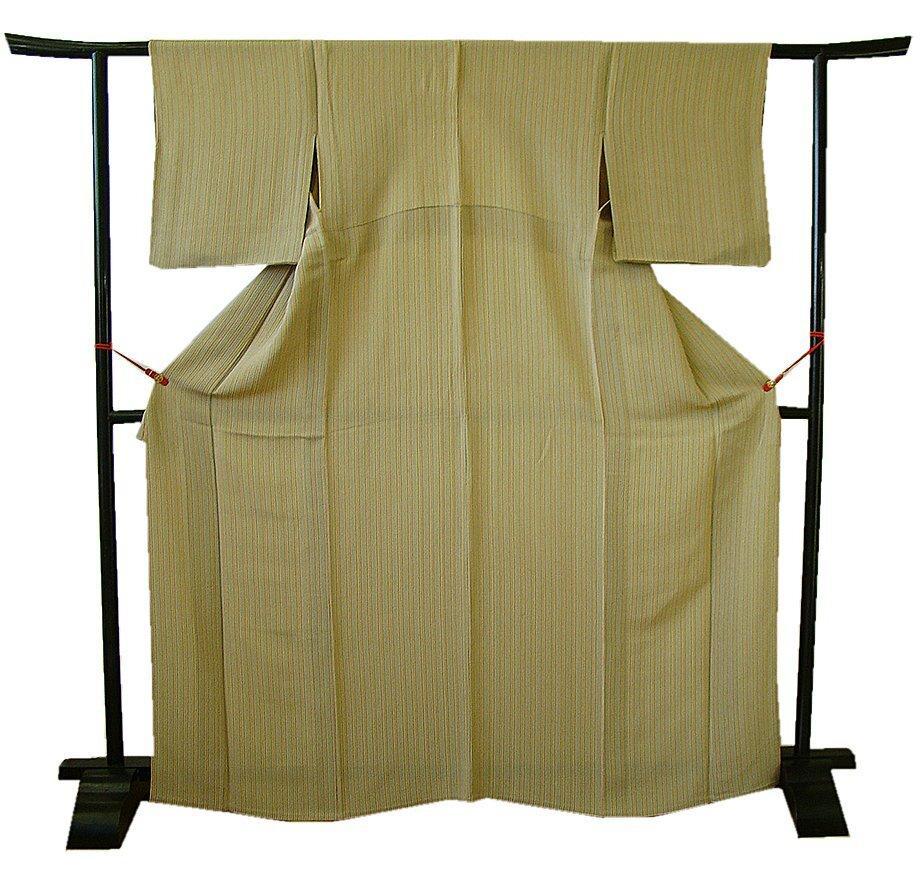 美品 単衣 小粋な間道 縮緬地 小紋（正絹）仕立上り＜KK981