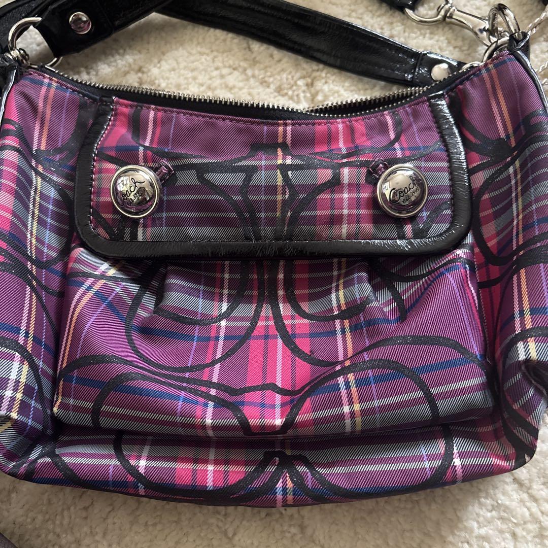 最終値下げ！coach紫 チェック柄 ナイロンショルダーバッグ