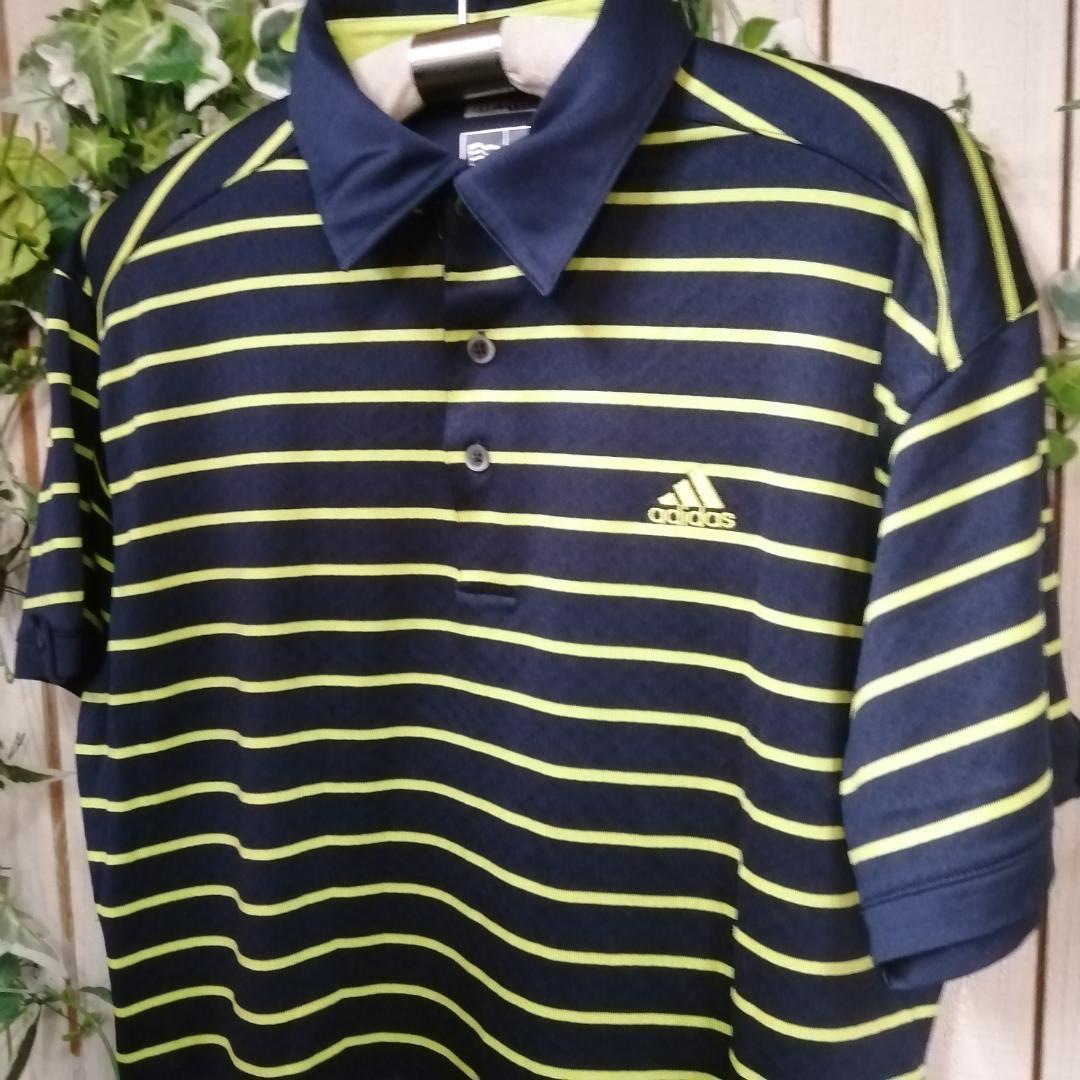 MK002☆adidas ストライプ ポロシャツ ネイビー/ライムグリーン