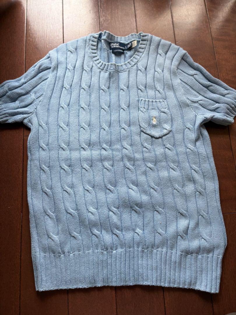 POLO RALPH LAUREN ケーブルニット 半袖 M ライトブルー 新色 ポロラルフローレン ポニー半袖コットンケーブルニット