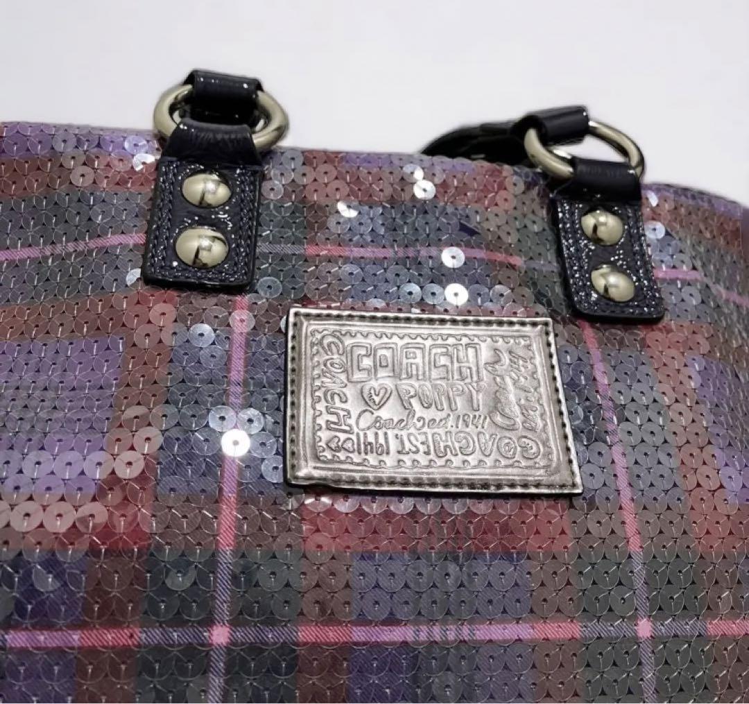 COACH 総スパンコールハンド トート ボストンバッグ パープル 紫 キラキラ 画像2