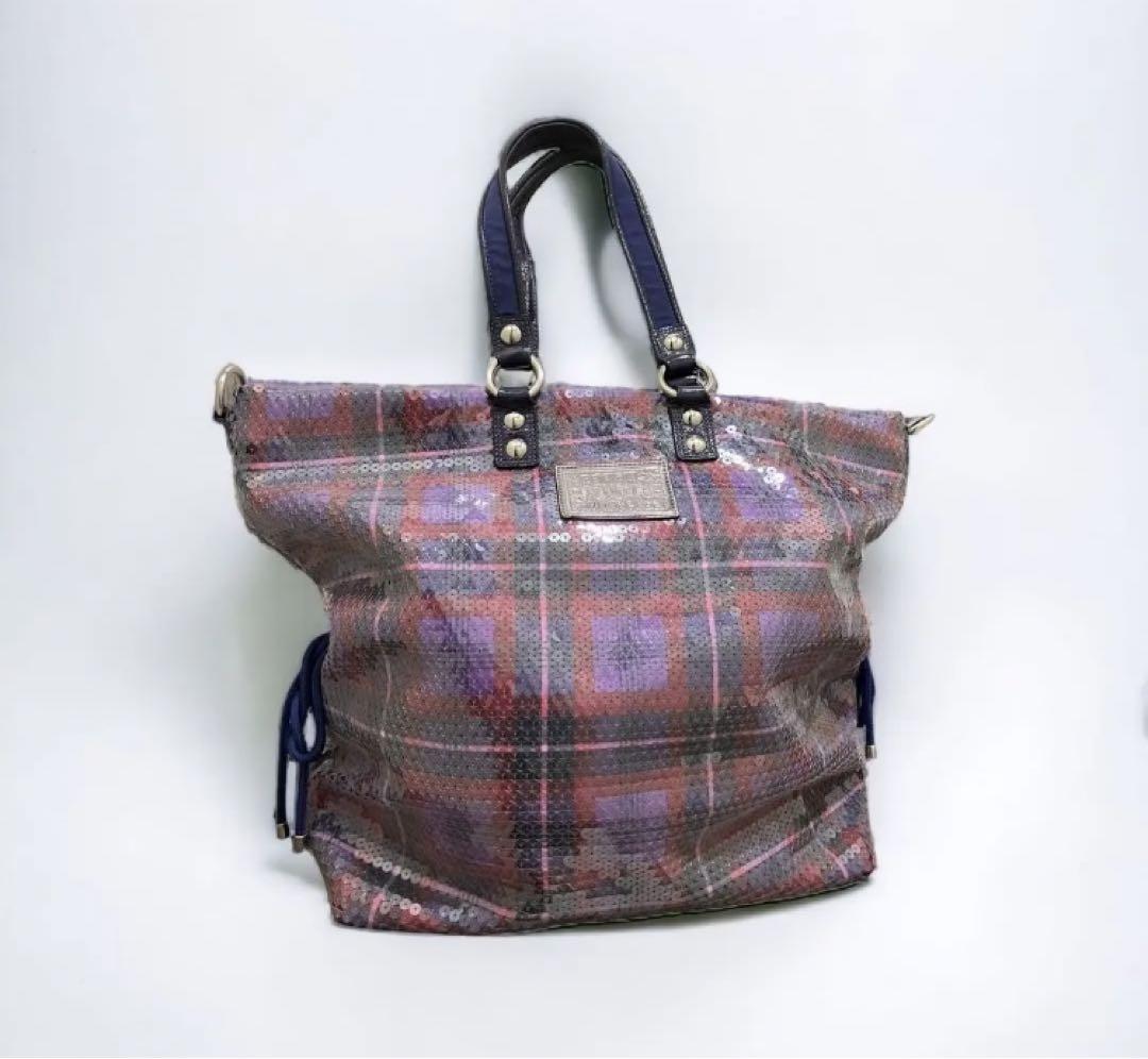 COACH 総スパンコールハンド トート ボストンバッグ パープル 紫 キラキラ 画像6