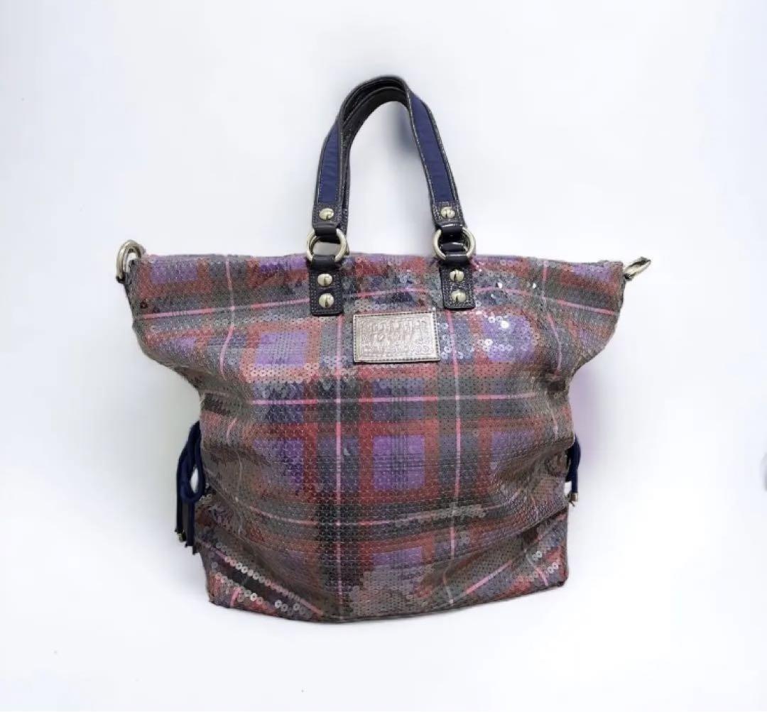 COACH 総スパンコールハンド トート ボストンバッグ パープル 紫 キラキラ 画像7