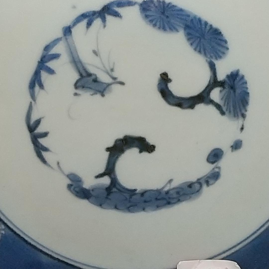 古伊万里、菊花蝙蝠文墨弾き手七寸皿