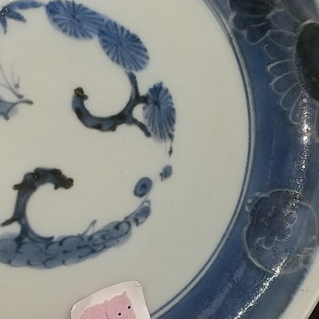 古伊万里、菊花蝙蝠文墨弾き手七寸皿