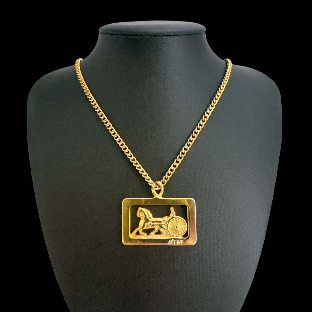 美品 セリーヌ ネックレス 馬車 ロゴ プレート ゴールド 刻印
