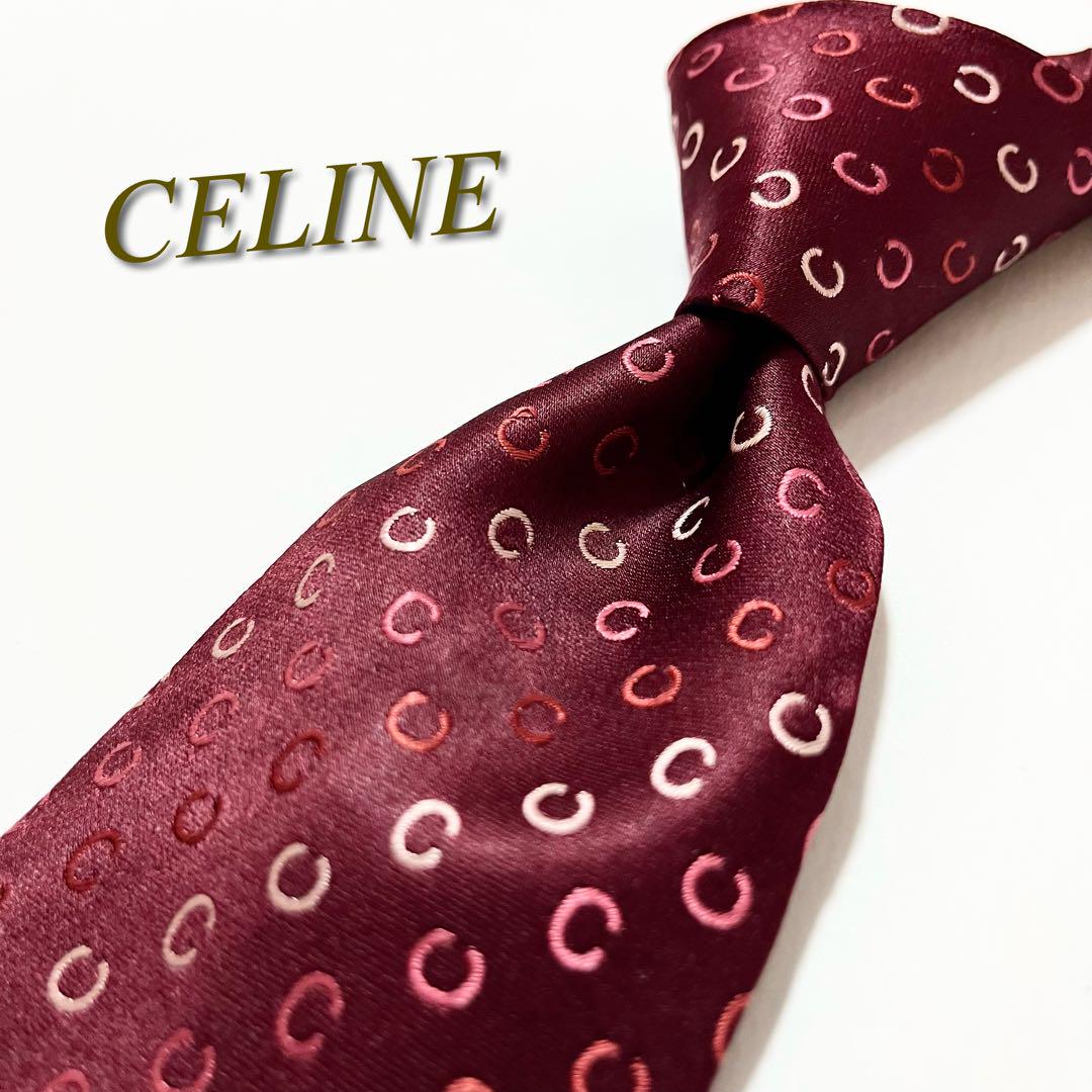 CELINE セリーヌ　ネクタイ　光沢　銀　トリオンフ　マカダム柄 CELINE セリーヌ ネクタイ マカダム トリオンフ ロゴ 総柄 紺