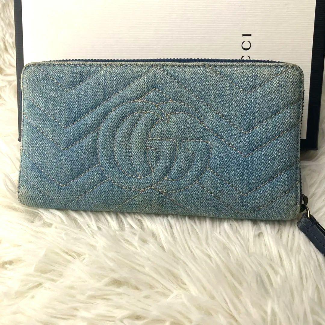 美品✨グッチ デニムキルティング GGマーモント 長財布 ラウンドファスナー