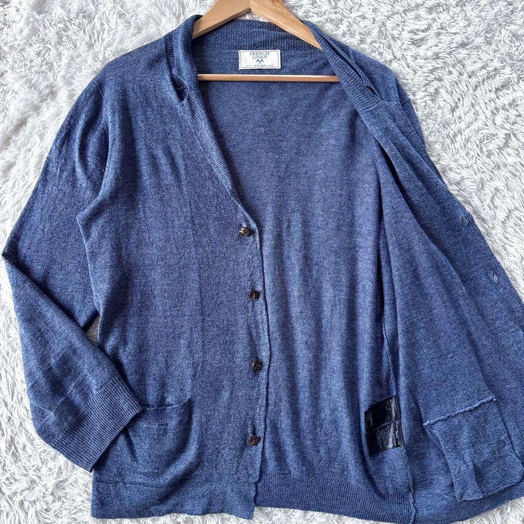 極美品　ナノユニバース　ニット　カーディガン　麻100％　ネイビー　青　M