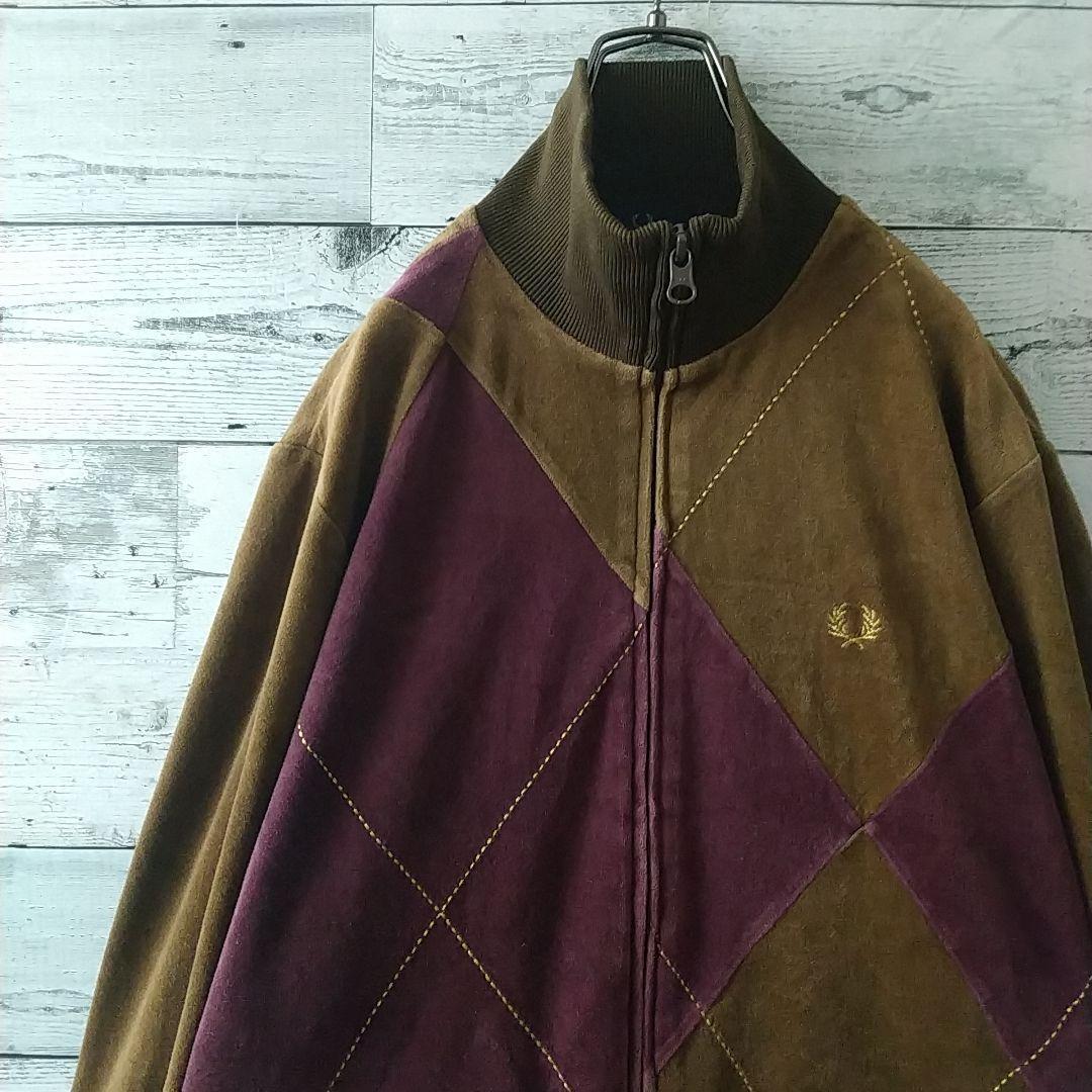 希少☆フレッドペリー 刺繍ロゴ アーガイル ベロア トラックジャケット ブラウン