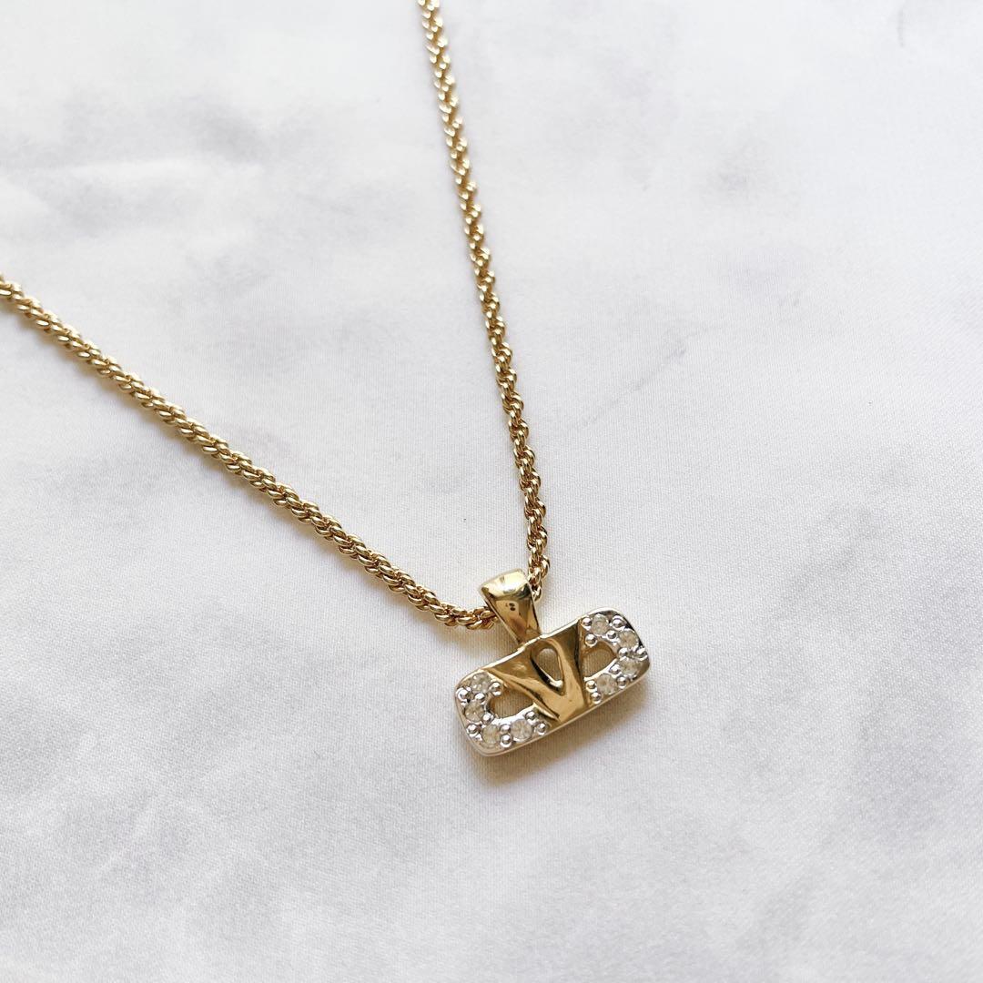 2442-1 極美品✨VALENTINO　ネックレス　Vロゴ　ラインストーン 美品☆ヴァレンティノ ラインストーンネックレス Vロゴ 刻印