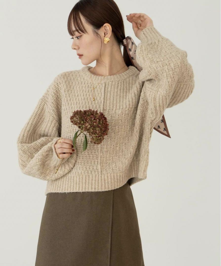 hinari パッチワークデザインMIXニット テラコッタ 新品未使用タグ付き】hinari パッチワークデザインMIXニット