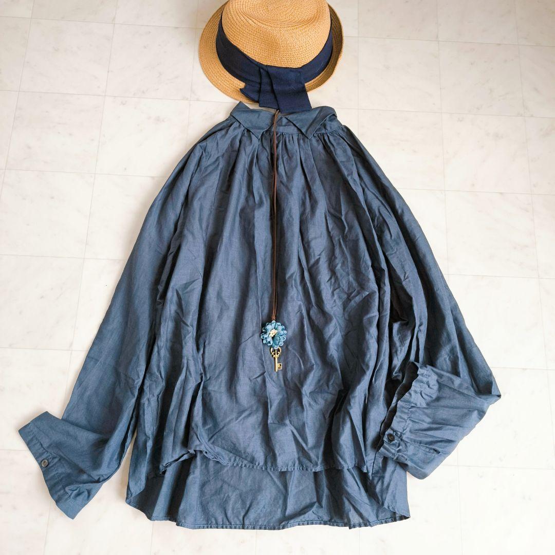 美品♪【mizuiro ind】コットン スタンドカラー ギャザーシャツ/グレー