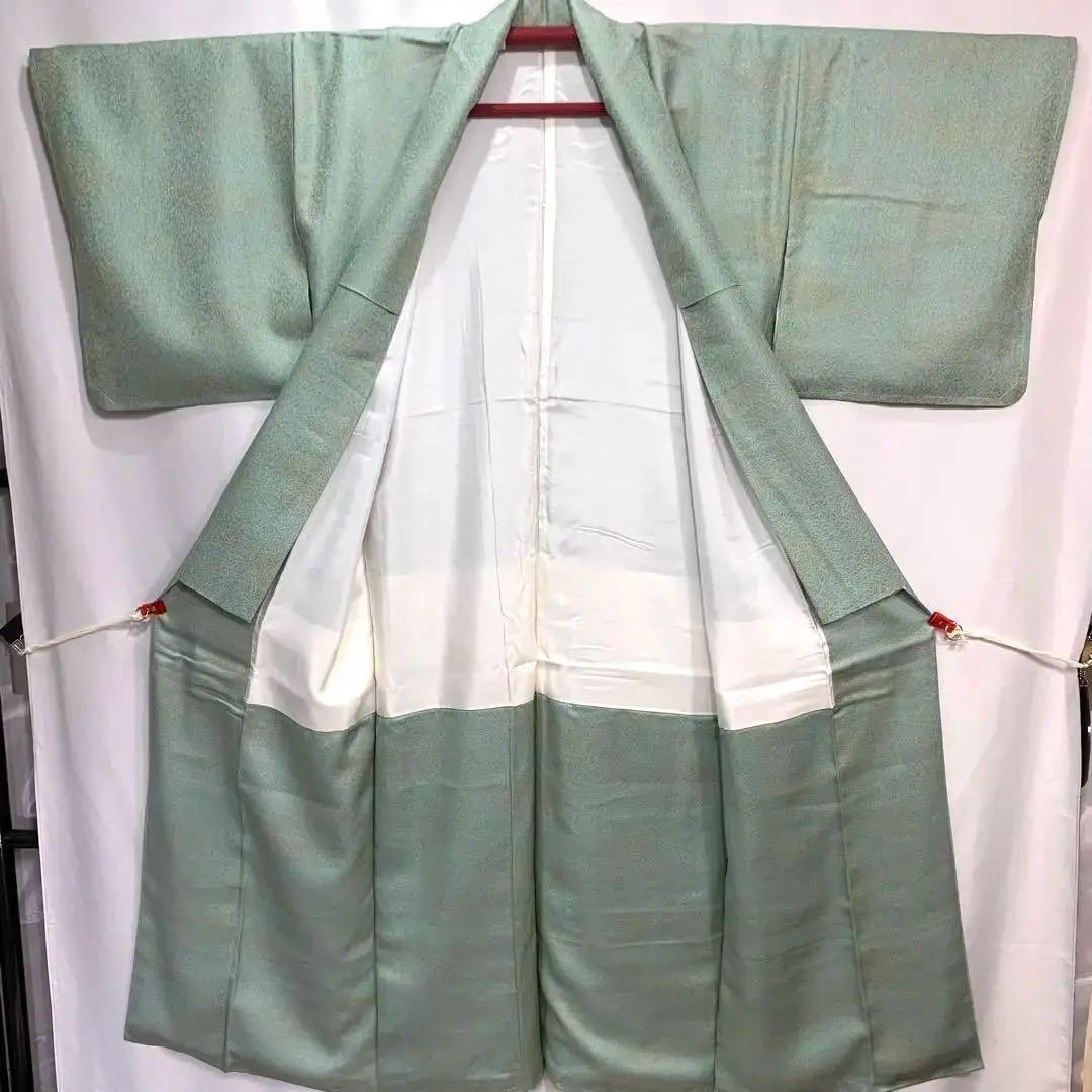 新品】色無地 刺繍の一つ紋 仕付糸付き グリーン ゴールド 着物 着付け