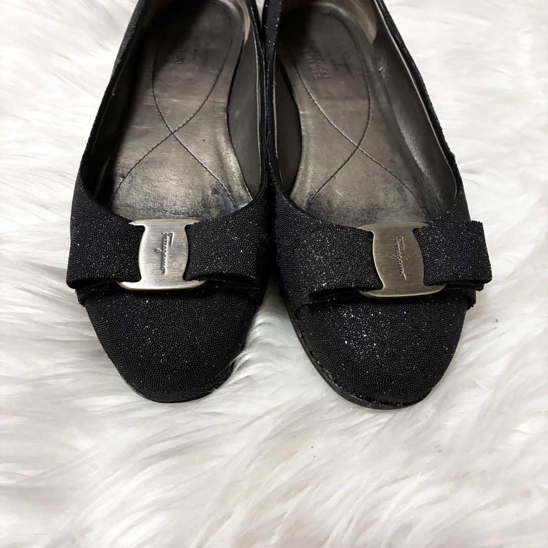 楽天 パンプス フェラガモ FERRAGAMO 23cm相当 ヴァラリボン ラメ黒 靴