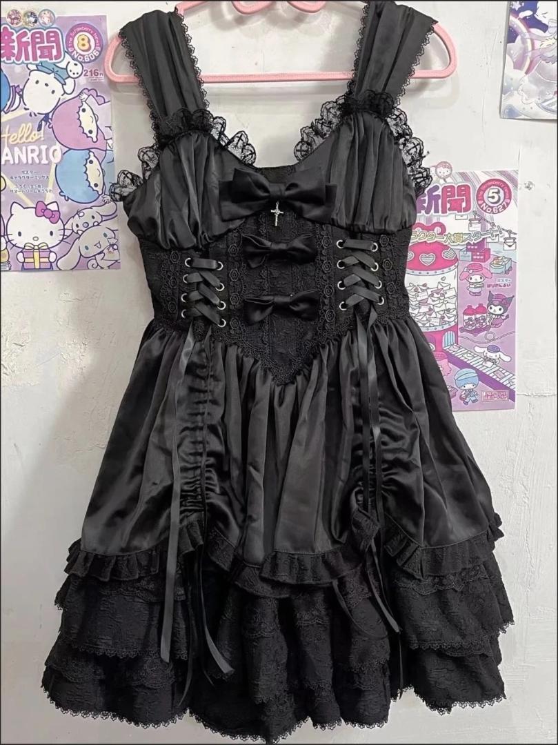 【韓嬢】ゴスロリ ロリータドレス ロリィタ セットアップ 地雷系ゴシックフリル黒