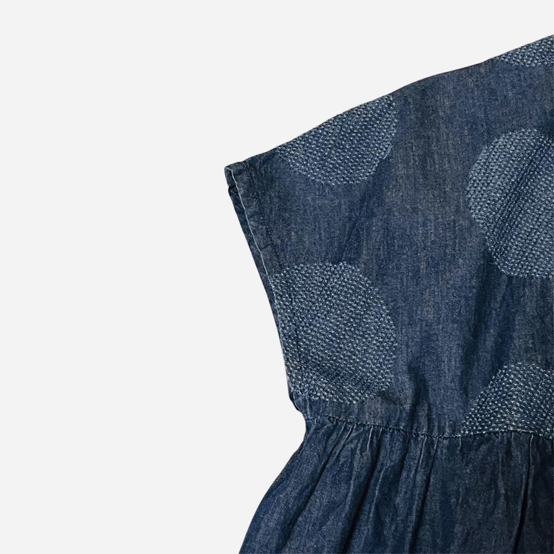 海外限定スパイク販売 中川政七商店 インディゴ染め ドット柄 刺繍 ギャザー ブラウス トップス
