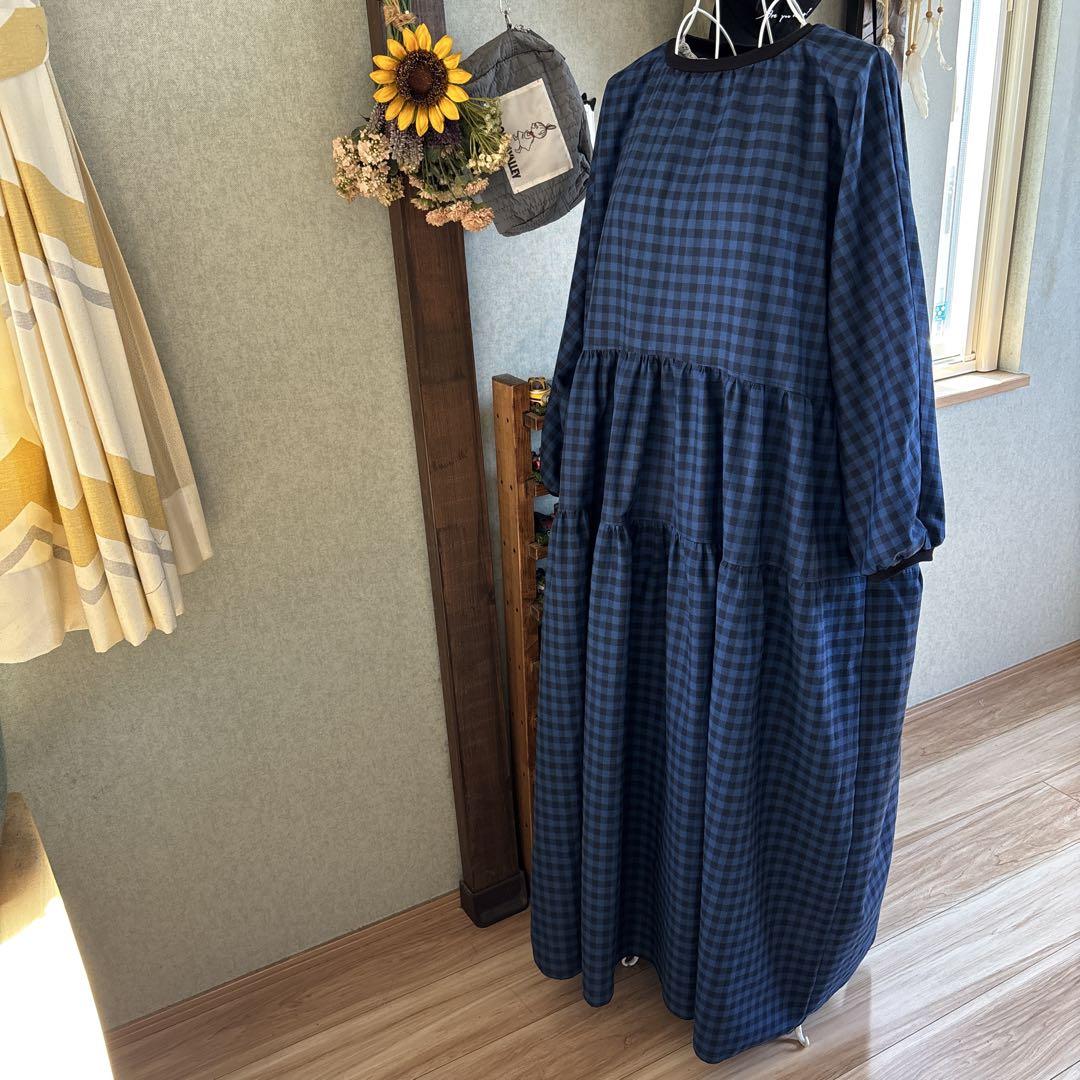 ティアードロングワンピース　青系チェック　綿生地　ハンドメイド