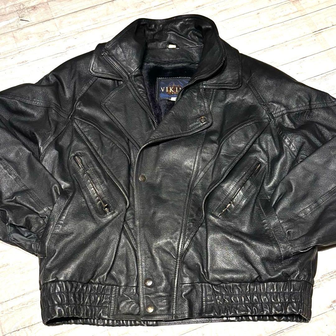 ブラック 本革レザージャケット ライダース 短丈 ダブル ライナー付 黒L