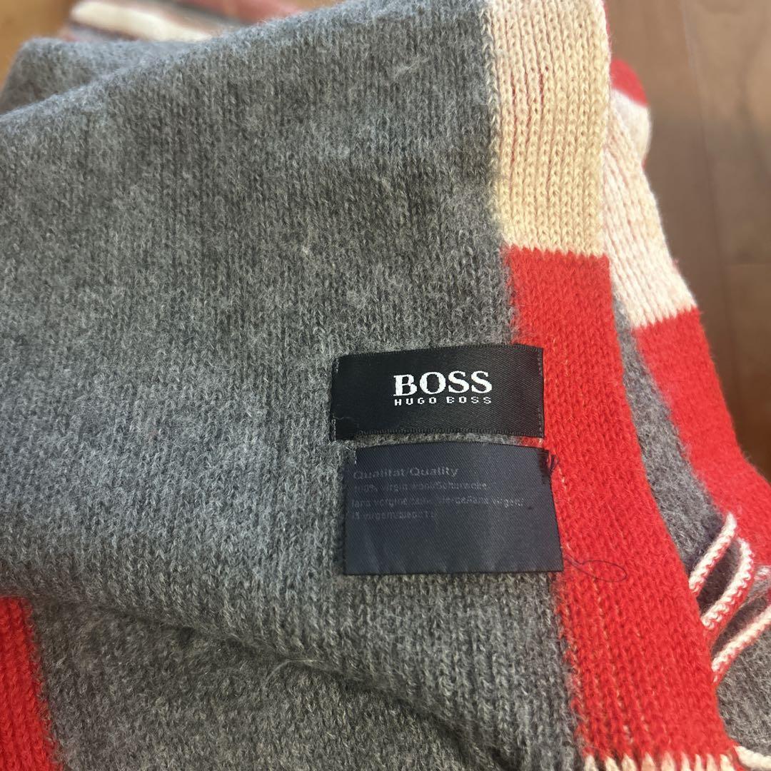 新品未使用【HUGO BOSS 】 マフラー  グレー BOSS ウールマフラー グレー/レッド - メルカリ