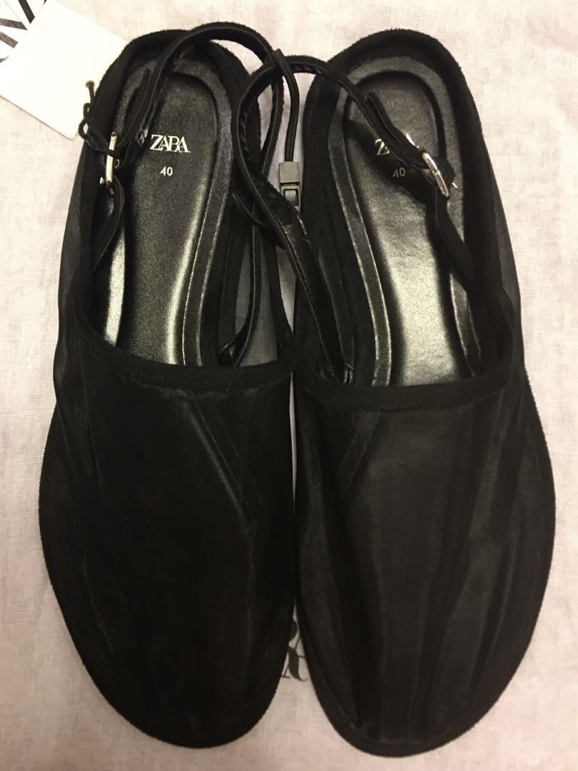 新品 ZARA メッシュ ミュール 40 26cm フラット サンダル 黒