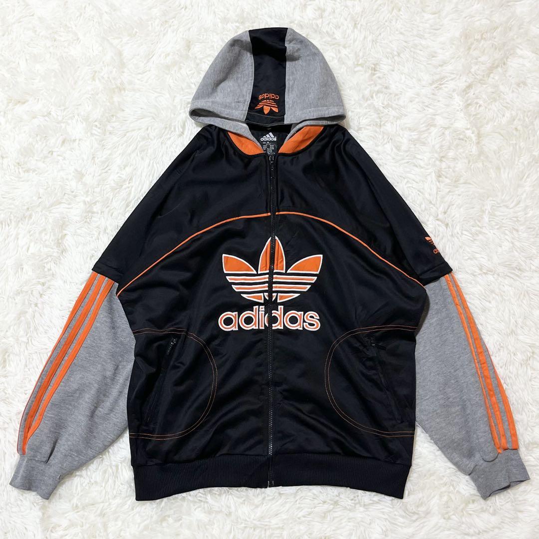adidas フルジップパーカー フード着脱可 ビッグトレフォイルロゴ メンズM