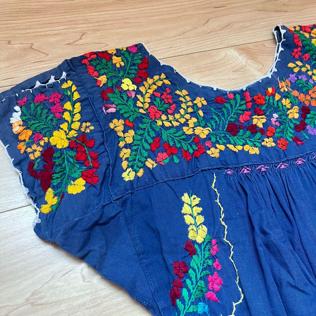 サンアントニオ サンアントニーノ メキシコ 刺繍 ワンピース 古着 70s 青
