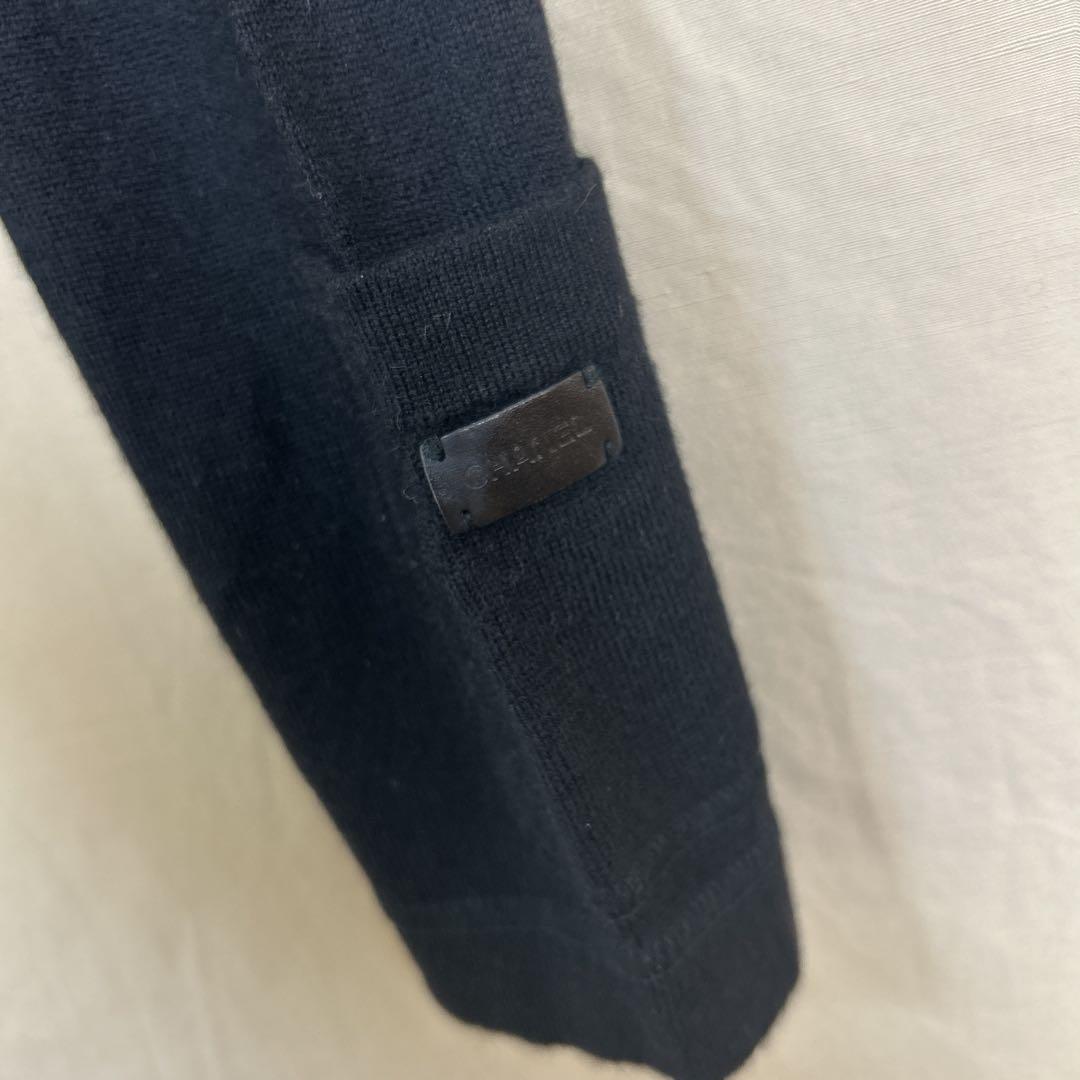 chanel カシミヤ ニット ブラック 黒 ロゴ パッチ レザー 38 訳あり