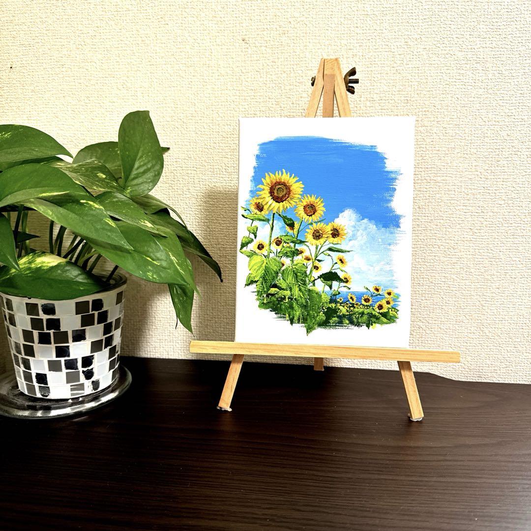 爆買い！ 原画 絵画 風景画 『海とひまわり キャンバス20×15 肉筆 絵画
