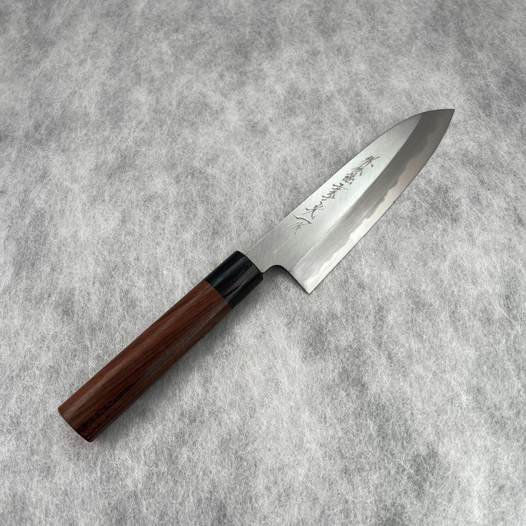 光一作 森本刃物 安来鋼白紙2号割込 本霞 和三徳 170 mm 紫檀丸柄新品、♥