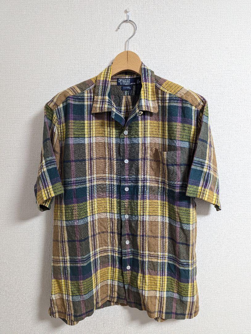 美品　ラルフローレン　オープンカラーシャツ　CALDWELL　リネン　チェック