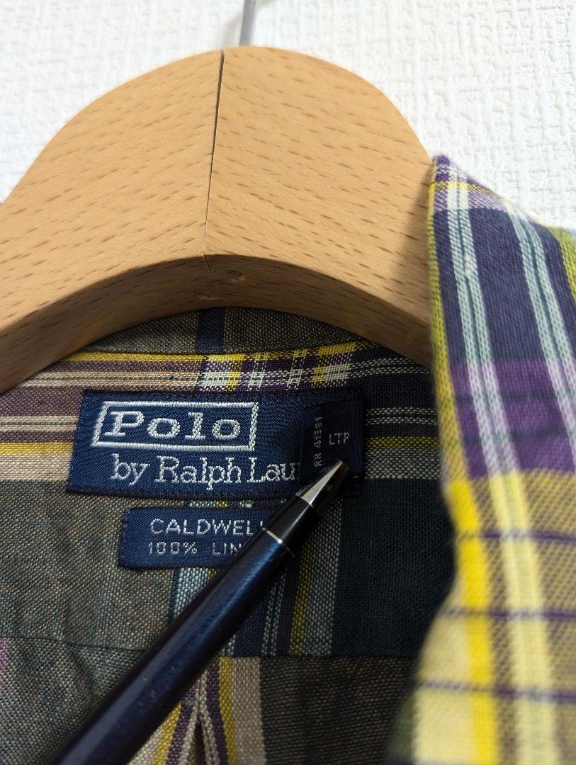 美品　ラルフローレン　オープンカラーシャツ　CALDWELL　リネン　チェック