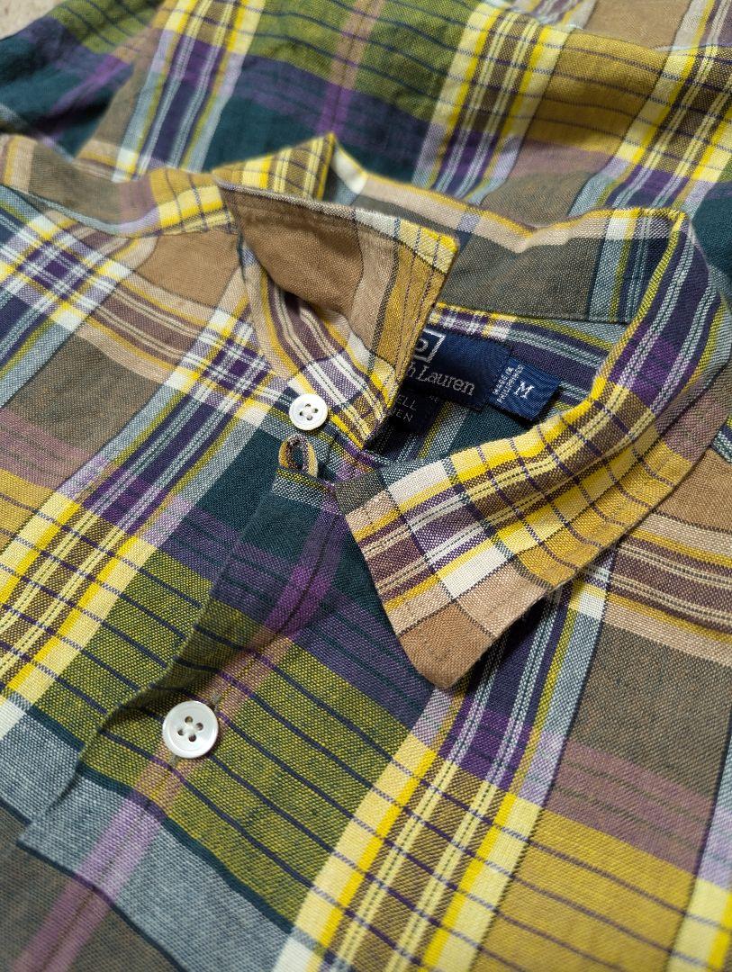 美品　ラルフローレン　オープンカラーシャツ　CALDWELL　リネン　チェック