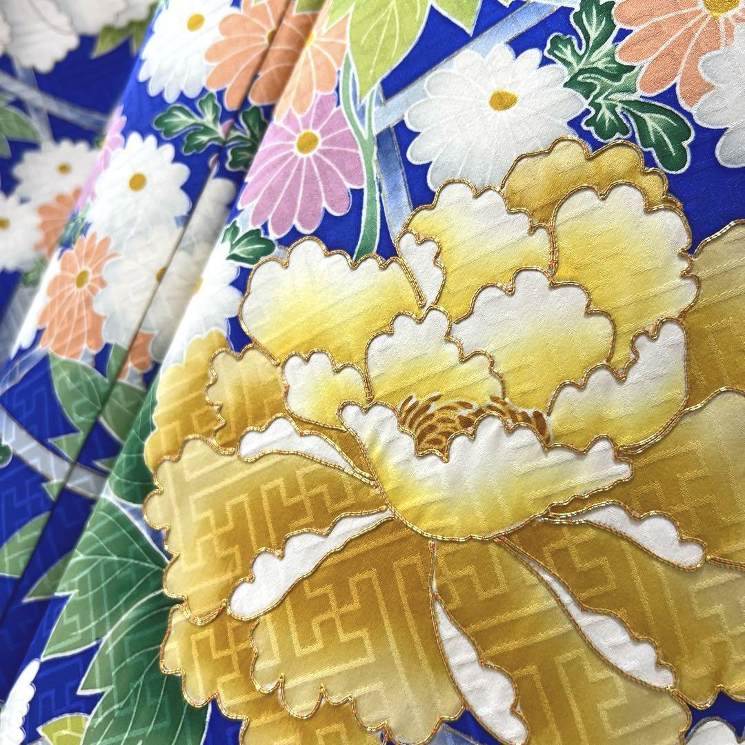 364 振袖フルセット 正絹 青 ブルー 黄色 オレンジ 金彩 駒刺繍