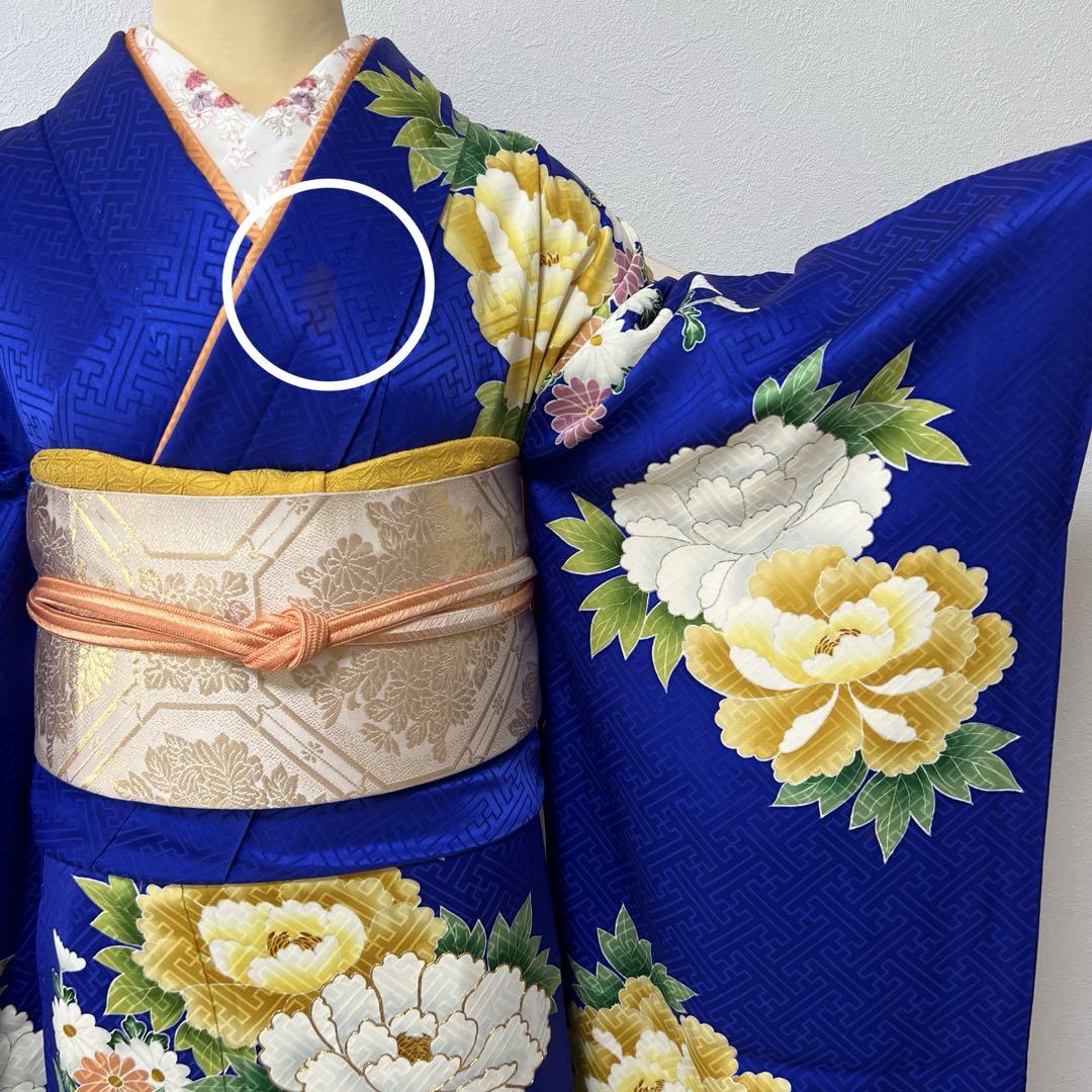 364 振袖フルセット 正絹 青 ブルー 黄色 オレンジ 金彩 駒刺繍