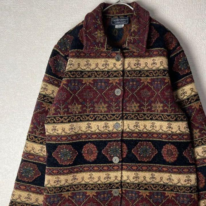 割引50% 総柄 ゴブラン織 ジャケット ブラック ベージュ ヴィンテージ感 USA製古着 その他 割引50% 総柄 ゴブラン織 ジャケット ブラック ベージュ ヴィンテージ感 USA製古着 その他