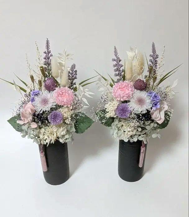 ☆498 仏花 プリザーブドフラワー 一対花器付き 華やかで落ち着きある花 Ｌ