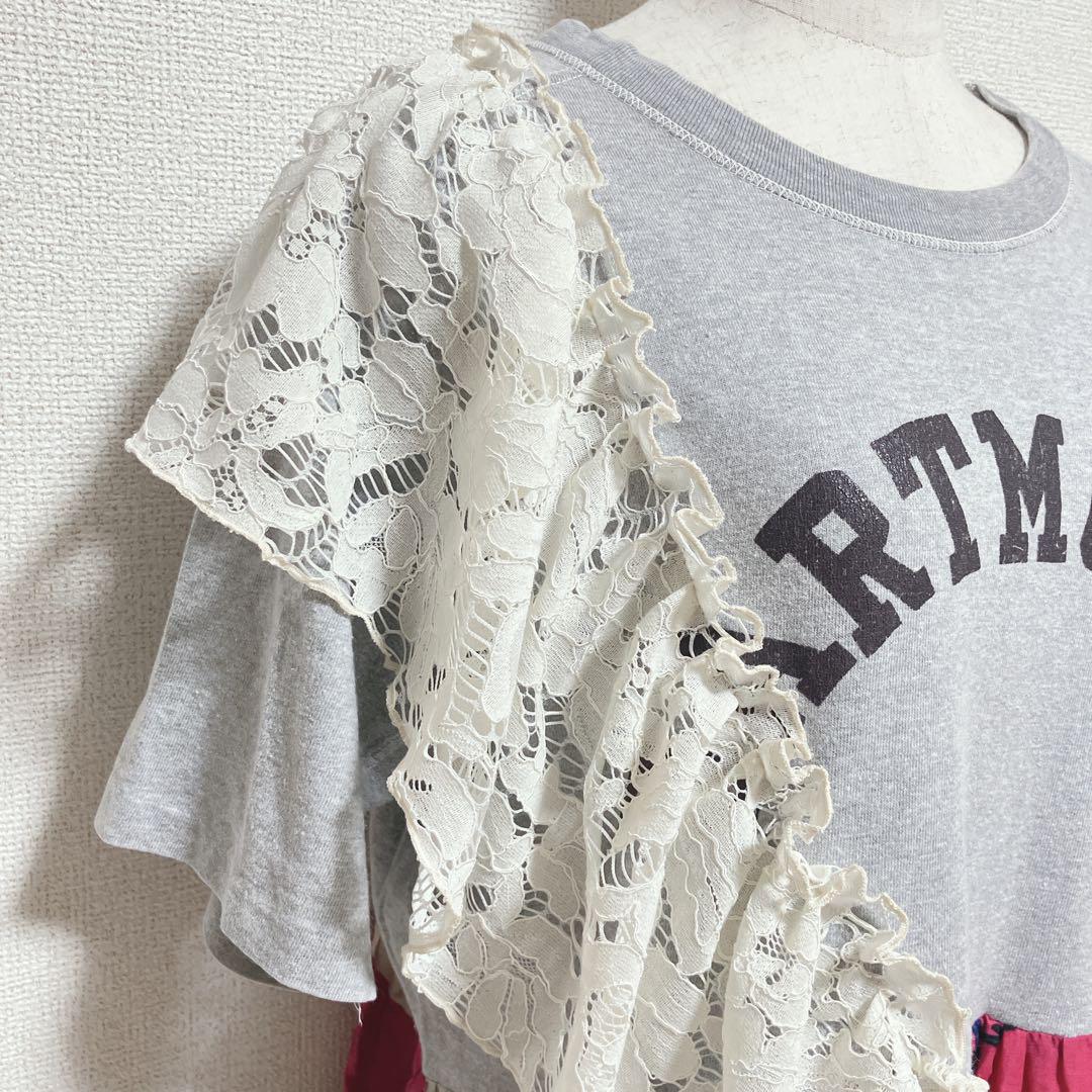 リメイクワンピース チュニック ビッグレース 花柄 ドッキング