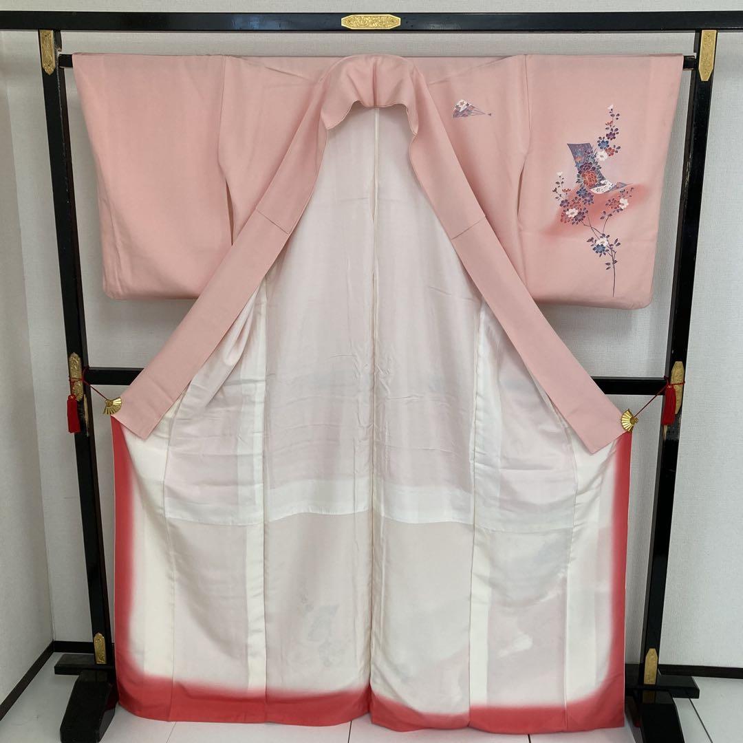 友禅 花柄 裄65 上品 可愛いピンク 紋無し 付下げ 訪問着 T-5069